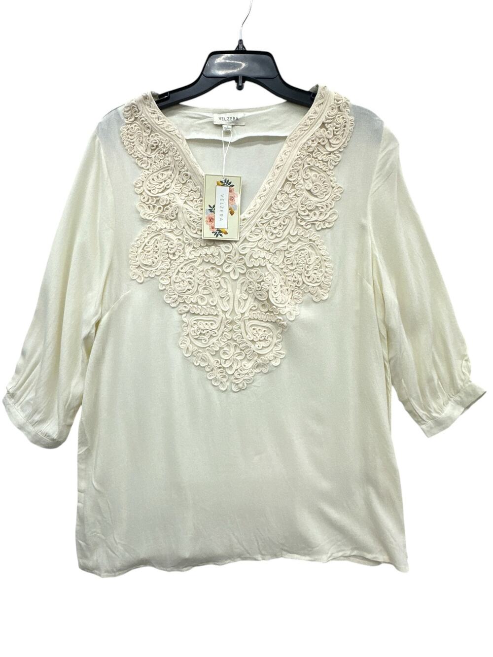 Velzera Embroidered Tunic Top Women L Off White Boho Peasant 3/4 Sleeve NWT